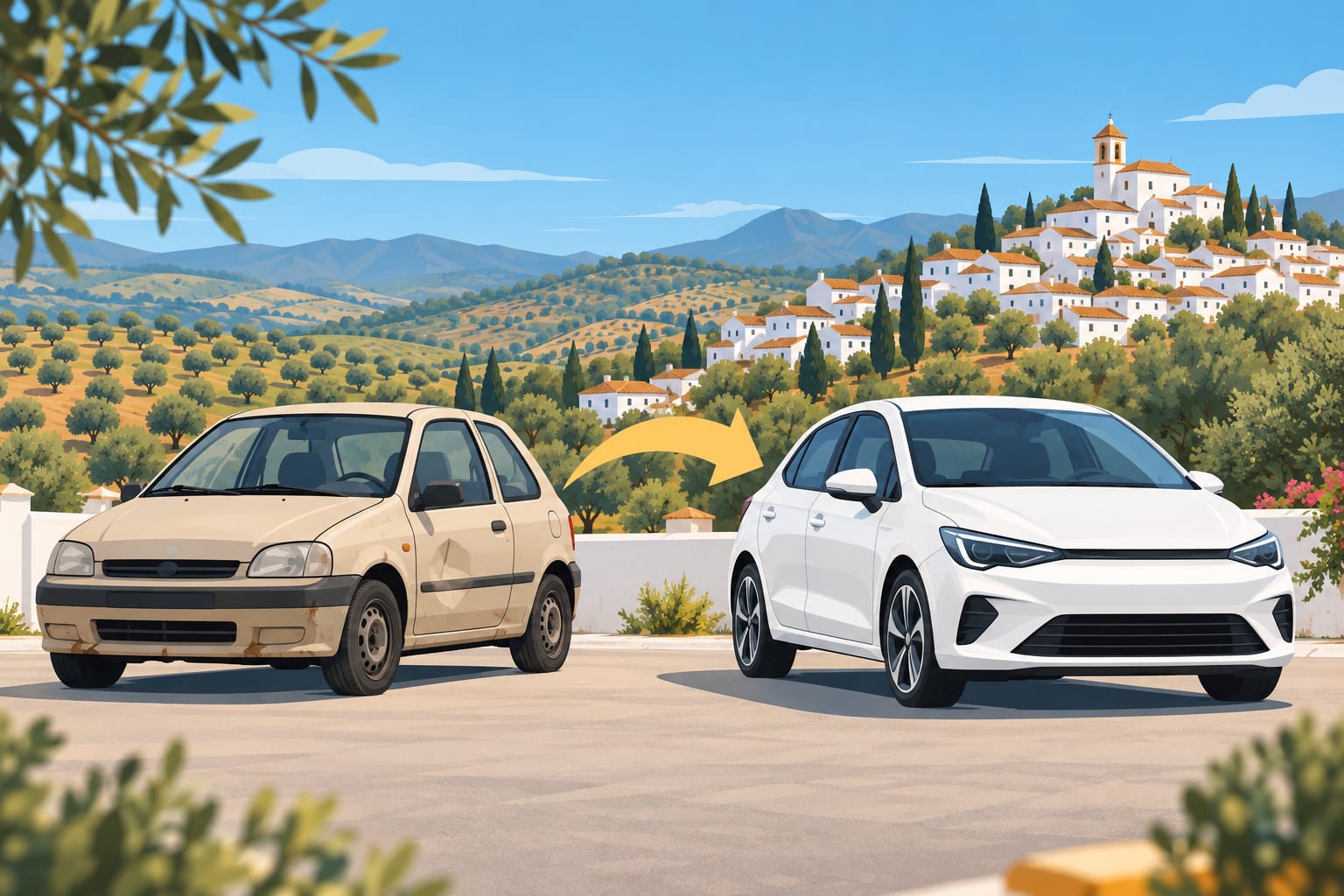 Ilustración de un coche viejo y uno nuevo ante un pueblo blanco andaluz entre olivos