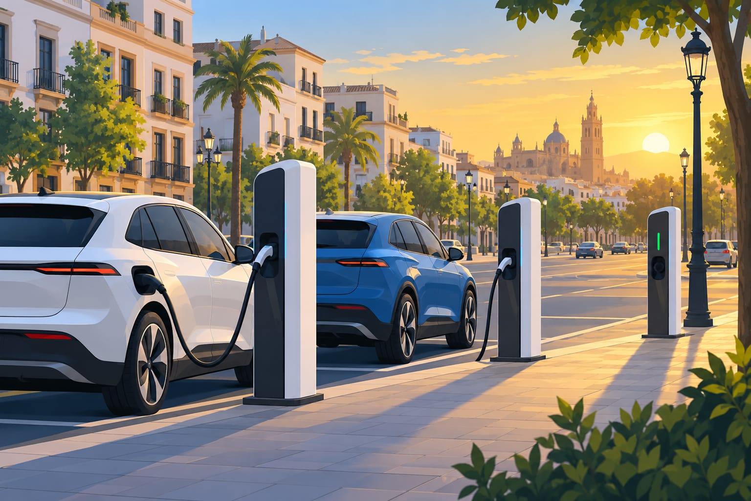 Ilustración de dos coches eléctricos cargando en postes de recarga en una avenida al atardecer