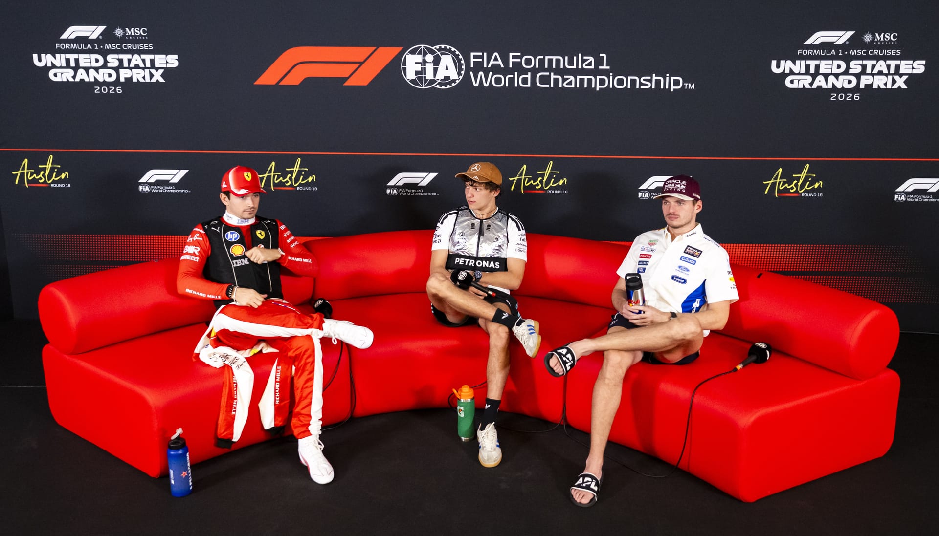 Leclerc, Antonelli y Verstappen en la rueda de prensa tras el Gran Premio de Estados Unidos