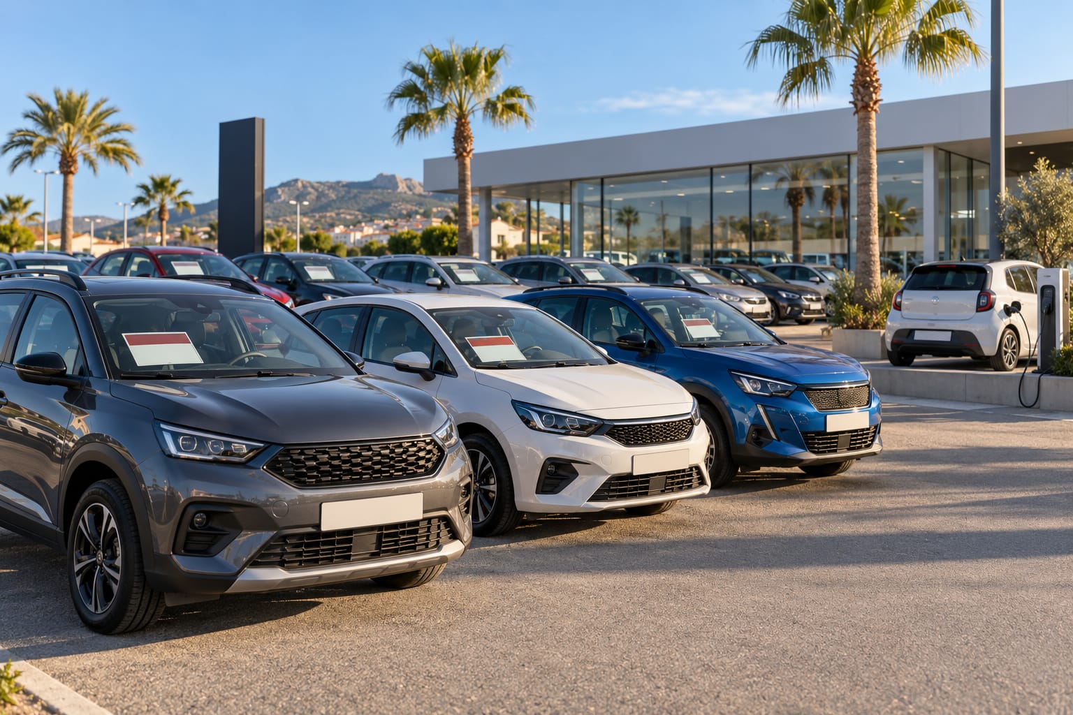 Ilustración de la campa de un concesionario con coches de ocasión de distintas edades y un eléctrico cargando