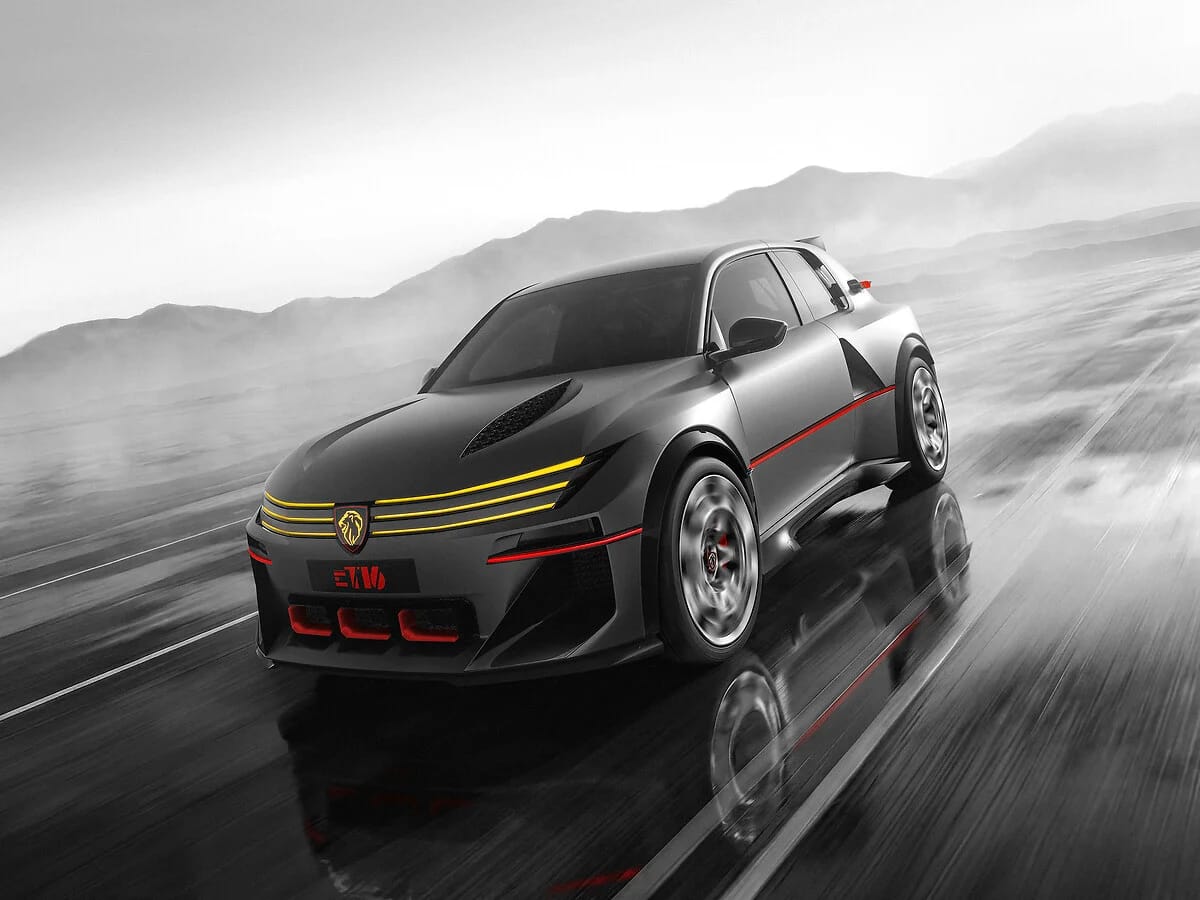 El Peugeot E-T16 Concept visto de frente sobre asfalto mojado