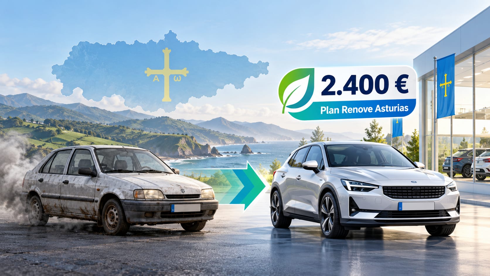 Ilustración de un coche viejo y uno nuevo ante un concesionario, con la cruz de la Victoria y la cifra de 2.400 euros