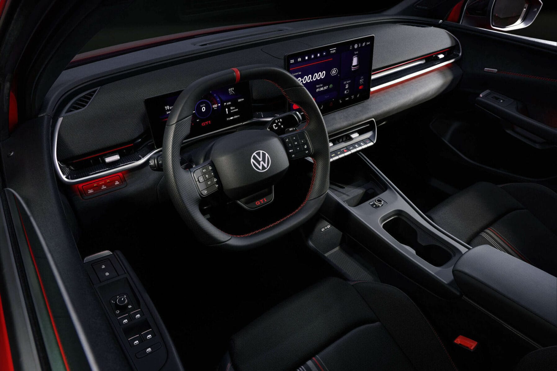 Puesto de conducción del ID. Polo GTI, con el cuadro digital y la pantalla central
